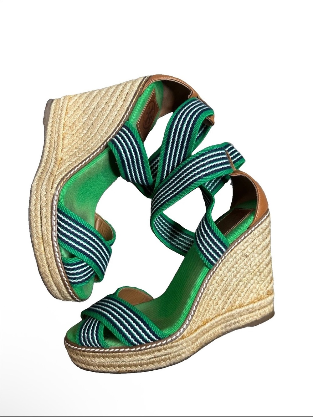 Tory Burch Green Sandal Wedges Frieda Striped Espadrille Size 8 Preppy Resort - Picture 1 of 8
